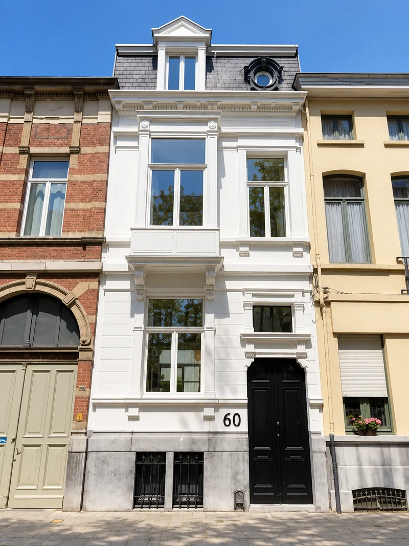 Gevel van een Belgisch herenhuis met witte pleisterlijst, erker en zwarte voordeur