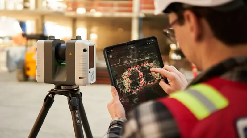 Een 3D-laserscanner op statief in een lege kamer