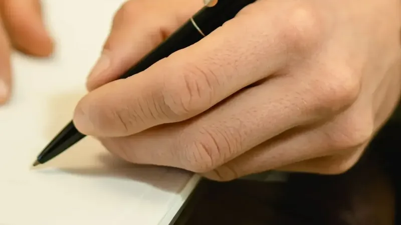 Een hand met een pen boven een document, klaar om te tekenen