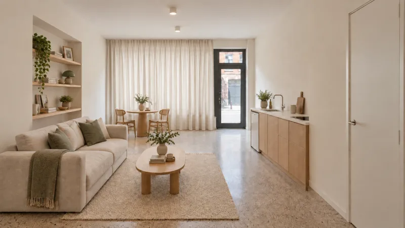 Dezelfde ruimte als woning, met een zithoek, eettafel en keuken langs de wand