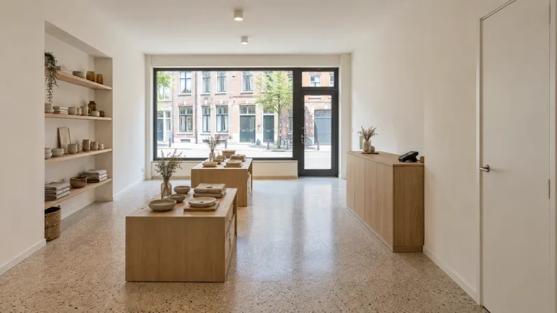 Dezelfde ruimte als winkelpand, met een etalage naar de straat en toonbanken