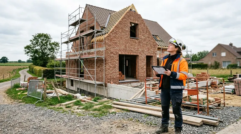 Een woning in aanbouw in Vlaanderen, met een expert die de werf opvolgt