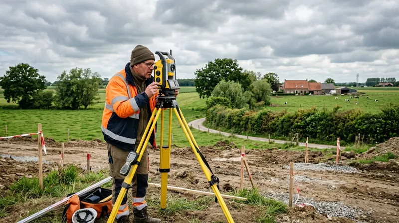 Een landmeter meet een bouwperceel op met een total station