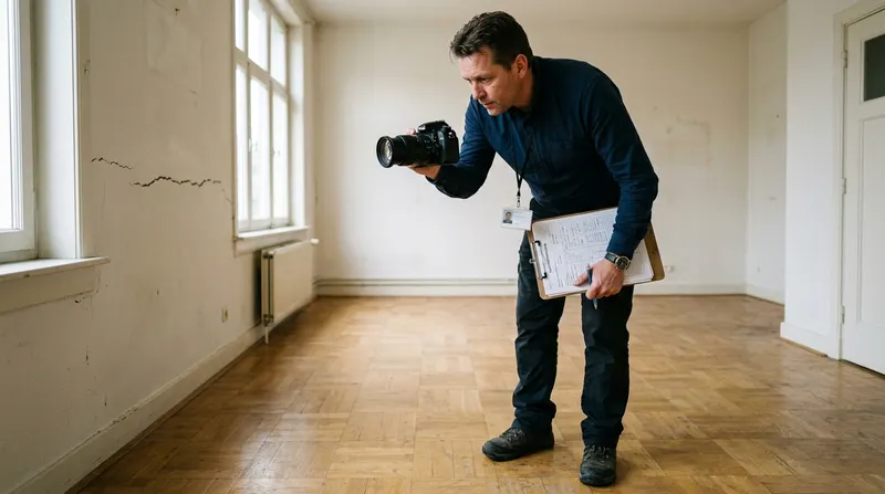 Een expert legt met de camera een scheur in een muur vast