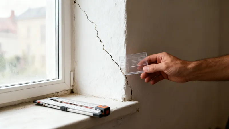 Een hand houdt een doorzichtig kaartje met schaalverdeling bij een diagonale scheur in een gepleisterde muur naast een raam.