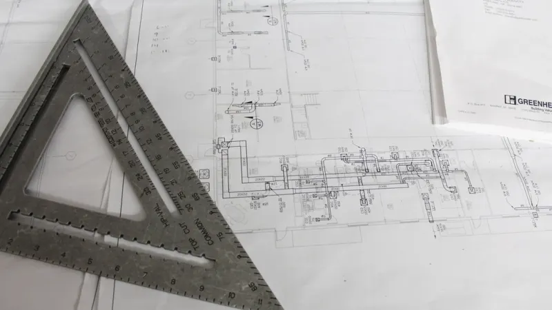 Technische bouwplannen met een tekendriehoek erop
